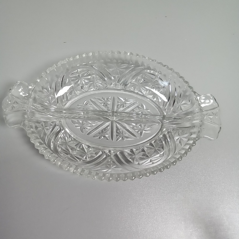 Vintage Clear Pressed Glass Divided Relish‎ Dish Starburst Pattern Sawtooth Rim